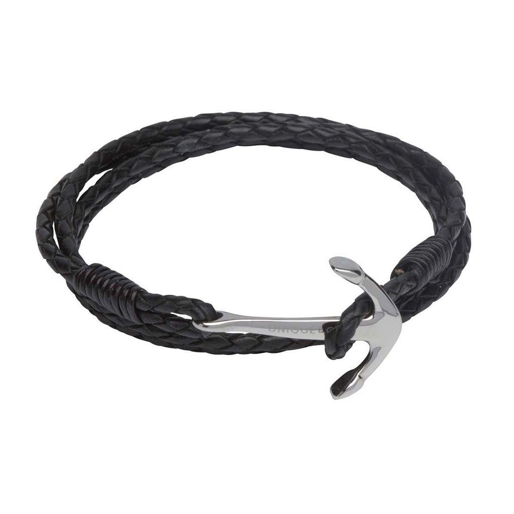 Black Leather Bracelet with Anchor Clasp 